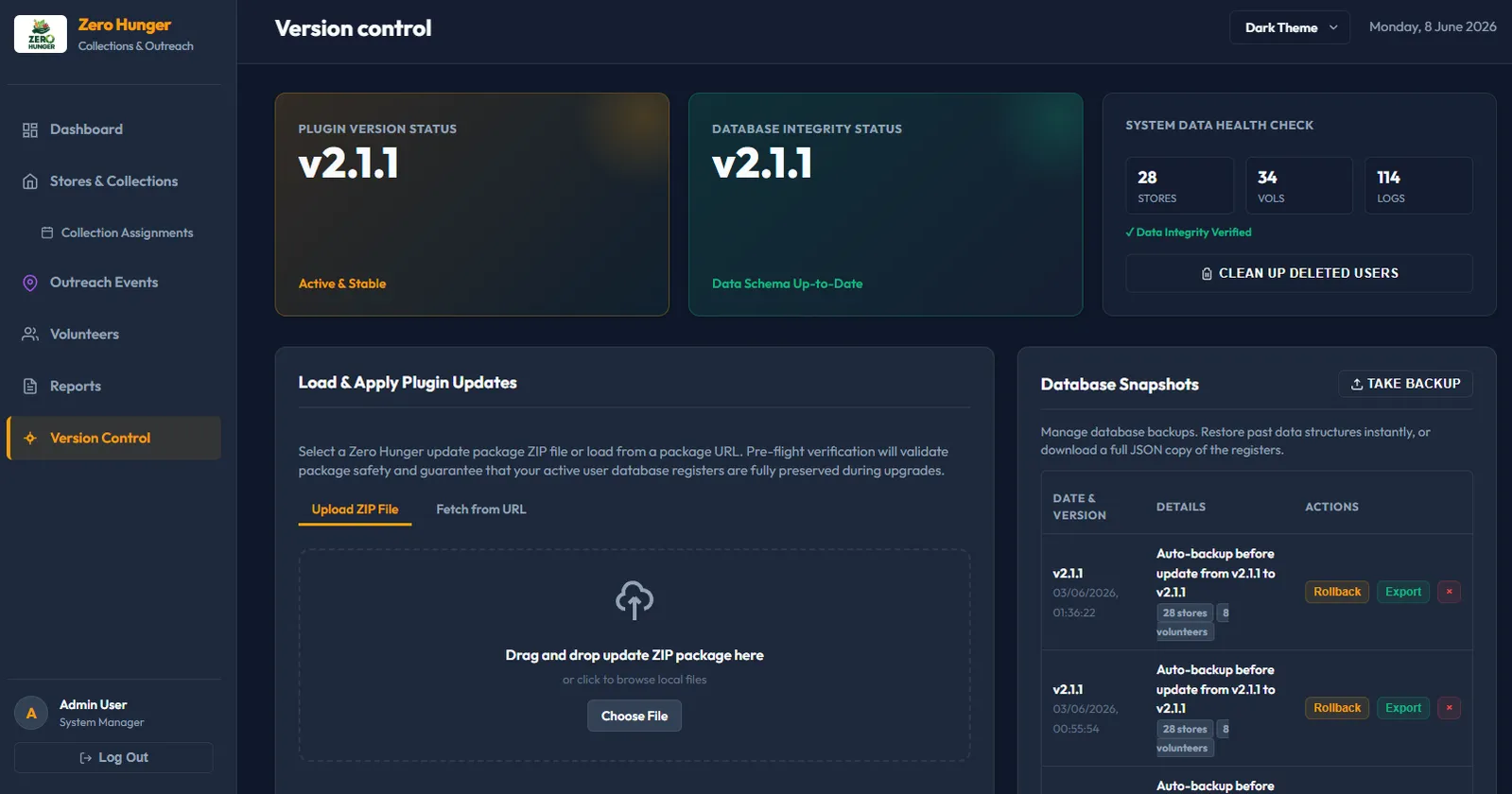 Zero System Version Control and Backups Panel